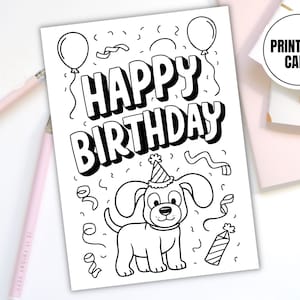 Gelukkige verjaardag hond kleurkaart afdrukbaar | Digitale download | Leuke verjaardagskaart met huisdierthema - Hondenliefhebberkaart - Diy Verjaardagskaart