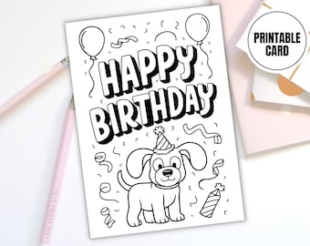 Happy Birthday Dog Coloring Card Printable | Digital Download | Fun Pet-Themed Birthday Card - Dog Lover Card - Diy Birthday Card