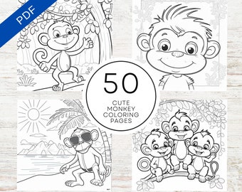 KDP Interior 50 målarbilder med apor | 8,5" x 11" utskrivbar PDF + Canva-mall | Målarbok för barn | Målarbilder med apor