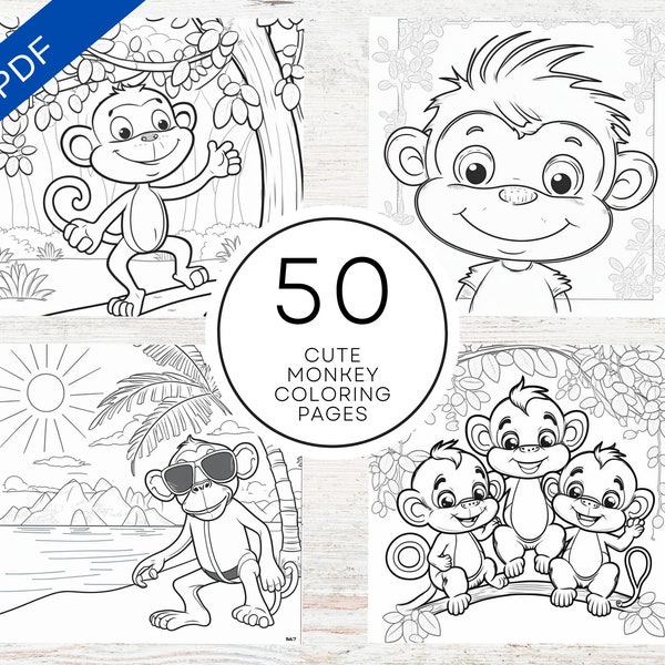 KDP Interior 50 Monkey Coloring Pages | 8.5" x 11" Printable PDF + Canva Template | Kids Coloring Book | Monkeys Colouring Sheets