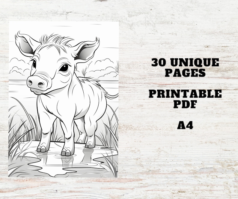 May include: A black and white line drawing of a baby warthog standing in a puddle of water. The warthog is looking to the left of the image. The image is part of a coloring book with 30 unique pages. The text "30 UNIQUE PAGES PRINTABLE PDF A4" is in the upper right corner of the image.