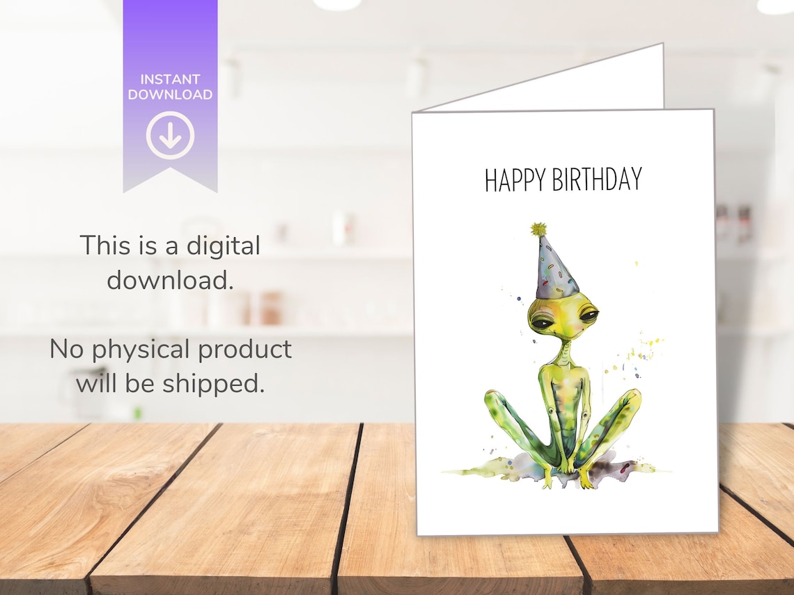 Cute Watercolor Alien Birthday Card, Digital Download Happy Birthday ...