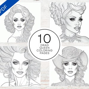 10 Beautiful Drag Queen Coloring Pages | Printable PDF 10 Pages A4 | Realistic LGBTQ Illustrations For Stress Relief