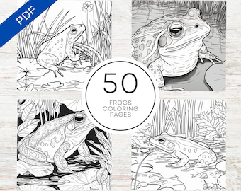 Könnte beinhalten: Schwarz-weiß-Malvorlagen mit Fröschen in verschiedenen Posen. Es gibt insgesamt 50 Seiten. Der Text "50 Frogs Coloring Pages" befindet sich in der Mitte des Bildes.