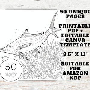 KDP Interior Sea Animals Coloring Pages For Adults | 8.5" x 11" Printable PDF & Canva Template | Stress Relief Coloring Book image 2