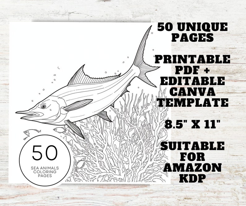KDP Interior Sea Animals Coloring Pages For Adults | 8.5" x 11" Printable PDF & Canva Template | Stress Relief Coloring Book image 2