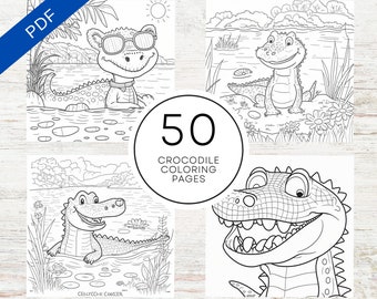 May include: A set of 50 black and white coloring pages featuring crocodiles in various poses. The pages are perfect for kids who love to color and learn about crocodiles.