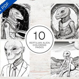 10 Reptilian Alien Coloring Pages For Adults | A4 Printable PDF | Sci-Fi Coloring Book For Teens & Kids | Relaxation