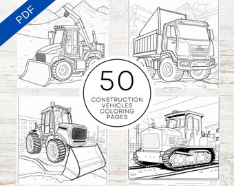 KDP Interior 50 Construction Vehicles Coloring Pages | 8.5" x 11" Printable PDF + Canva Template | Kids & Adults Coloring Book