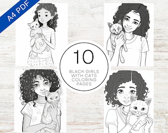 10 Black Girls With Cats Coloring Pages | Printable PDF A4 | Cute Kids Coloring Pages For Stress Relief | Inclusive & Diverse
