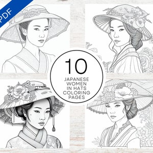10 Japanische Frauen Mit Hüten Malvorlagen | Druckbare PDF 10 Seiten A4 | Realistische Graustufen Illustrationen zum Stressabbau