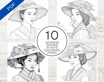 10 Japanische Frauen Mit Hüten Malvorlagen | Druckbare PDF 10 Seiten A4 | Realistische Graustufen Illustrationen zum Stressabbau