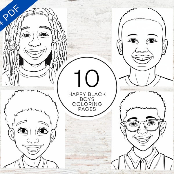 10 Happy Black Boys Coloring Pages | Printable PDF A4 | Inclusive Cute Coloring Sheets For Kids & Adults