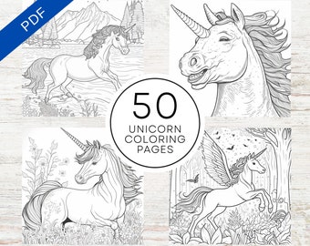 May include: A set of 50 printable unicorn coloring pages. The pages feature a variety of unicorn designs, including unicorns with wings, unicorns in a forest, and unicorns in a meadow. The pages are perfect for kids of all ages who love to color.