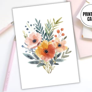 Carte de voeux florale imprimable - téléchargement numérique - fleurs printanières botaniques minimalistes aquarelles - carte bricolage à imprimer à la maison