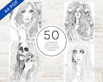 50 Horror Beauties Coloring Pages | Printable PDF 50 Pages A4 | Creepy Spooky Female Portraits Coloring Book