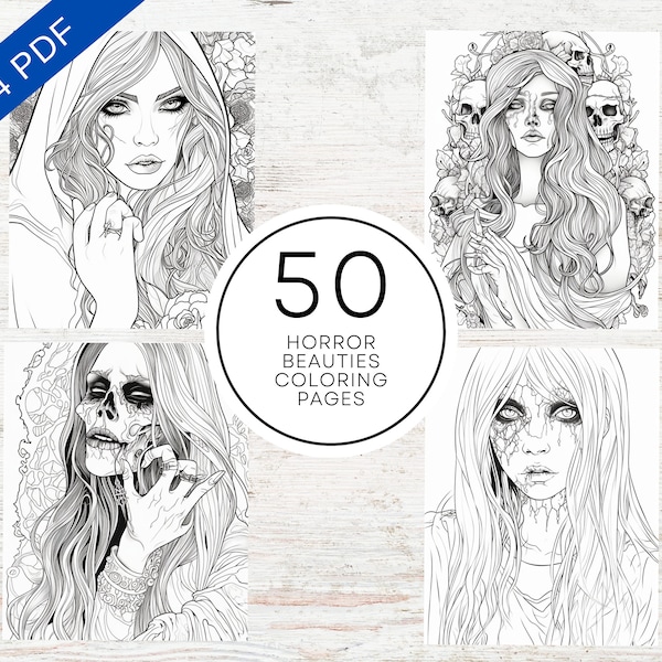 50 Horror Beauties Coloring Pages | Printable PDF 50 Pages A4 | Creepy Spooky Female Portraits Coloring Book