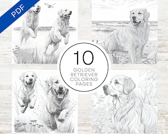 10 söta målarbilder med golden retrievers | A4 utskrivbar PDF | Målarbilder med hundar för tonåringar och vuxna