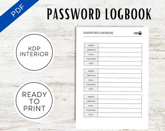 Password Logbook KDP Interior Template | Commercial Use Printable Planner PDF | 6x9 | Password Log Book Tracker