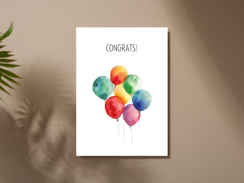 Printable Congratulation Card - Watercolor Balloons Design - Digital ...
