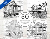 KDP Interior 50 Beach House Coloring Pages | 8.5" x 11" PDF & Canva Template | Summer Holiday Coloring Sheets For Stress Relief