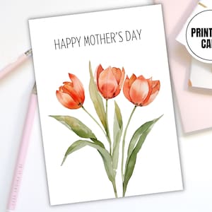 Afdrukbare Happy Mother's Day Card - Pastel bloemen aquarel ontwerp - digitale download - drie tulpen botanische kaart - niet-gepersonaliseerd
