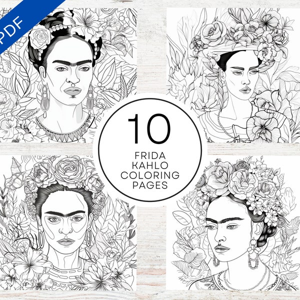 10 Frida Kahlo Portrait Coloring Pages | Printable PDF A4 | Floral Adult Coloring Pages For Stress Relief & Relaxation