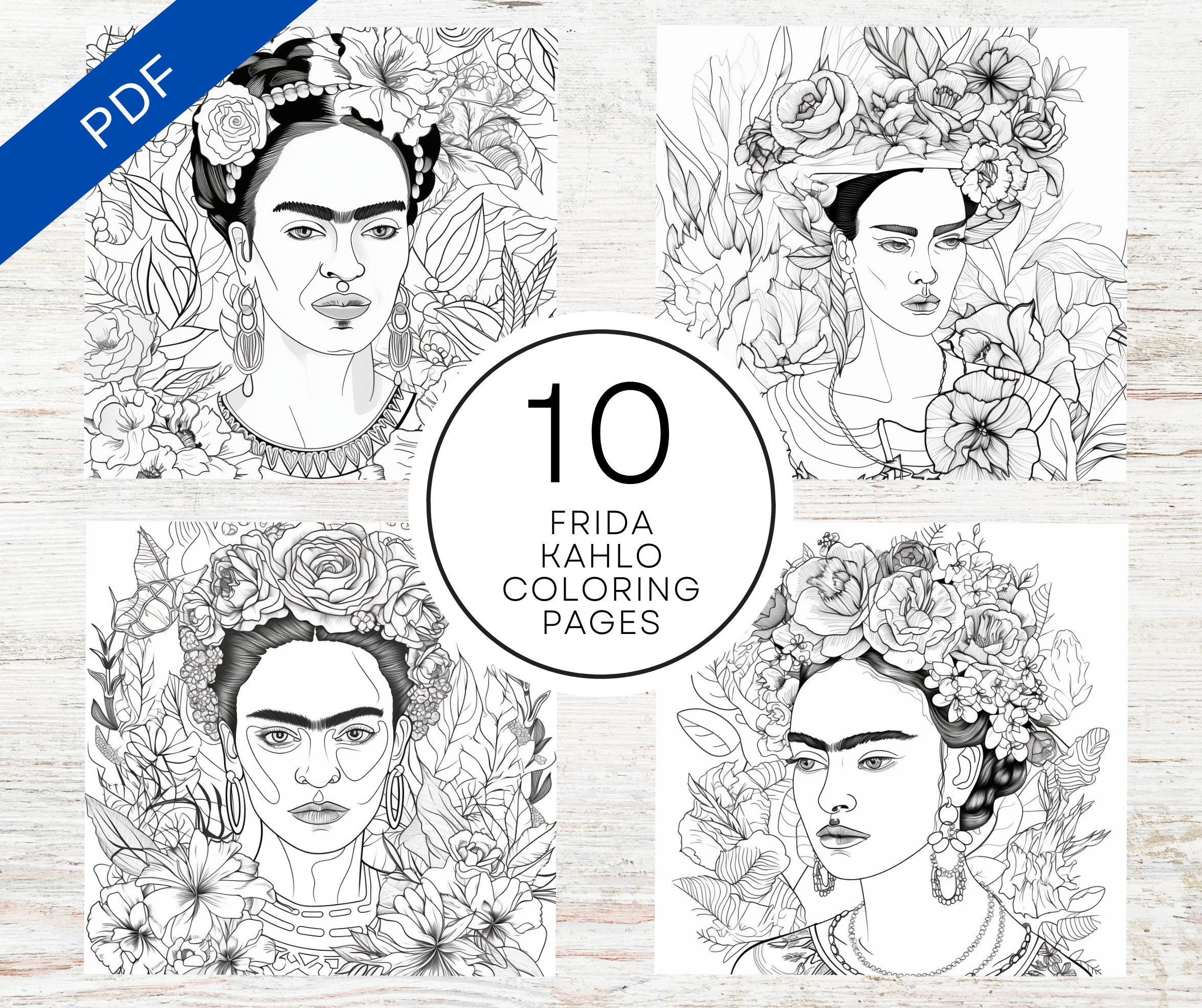 10 Frida Kahlo Portrait Coloring Pages | Printable PDF A4 | Floral Adult Coloring Pages For Stress Relief & Relaxation