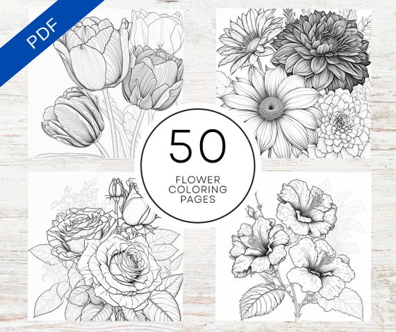 KDP Interior 50 Flower Coloring Pages For Adults | 8.5" x 11" Canva Template | Commercial Use Floral Coloring Sheets