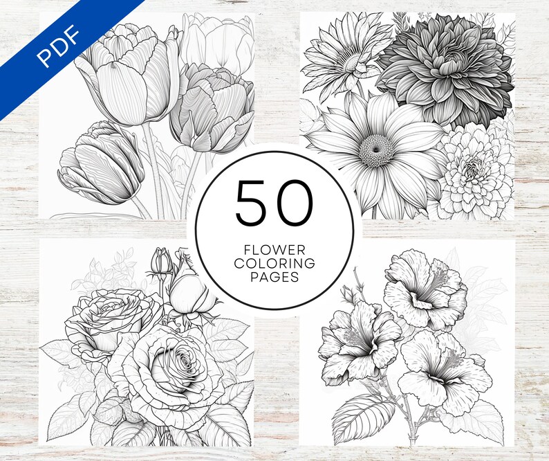 Puede incluir: Un conjunto de 50 p&aacute;ginas para colorear de flores imprimibles. Las p&aacute;ginas presentan dibujos lineales detallados de varias flores, incluyendo tulipanes, rosas, margaritas e hibiscos.