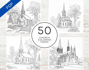May include: A set of 50 printable church coloring pages. The pages feature black and white illustrations of churches with different architectural styles. The text "50 Church Coloring Pages" is displayed in a circle.