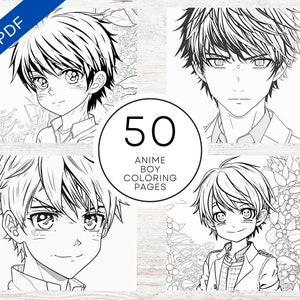May include: A set of 50 black and white anime boy coloring pages. The pages feature different anime boys with various hairstyles and expressions.
