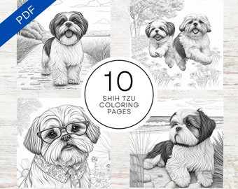 Może przedstawiać: Zestaw 10 czarno-białych stron do kolorowania przedstawiających psy rasy Shih Tzu w różnych pozach. Strony zawierają Shih Tzu w okularach, dwóch Shih Tzu biegnących i Shih Tzu siedzącego na plaży.