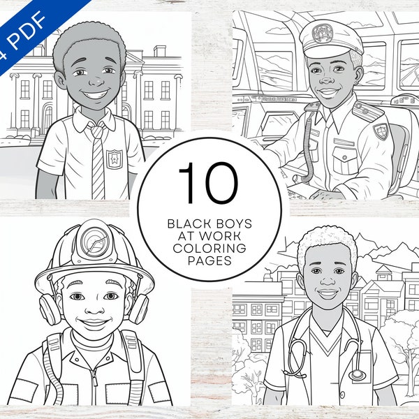 10 Black Boys At Work Coloring Pages | Printable PDF A4 | Inclusive Coloring Sheets For Kids & Adults
