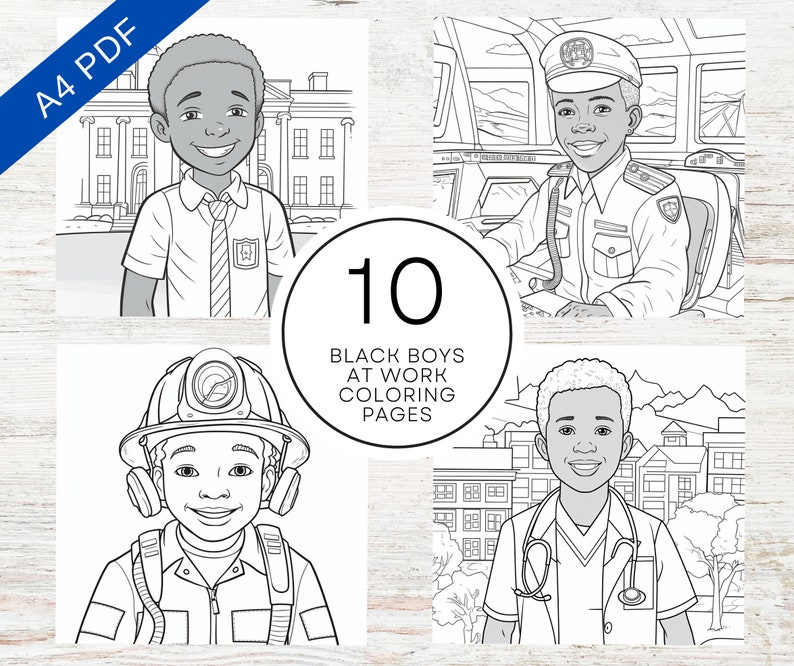 10 Black Boys at Work Coloring Pages | Printable PDF A4 | Inclusive ...