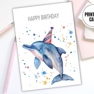 Schattige dolfijn verjaardagskaart, aquarel afdrukbare digitale kaart, gelukkige verjaardag zee thema wenskaart - schattige kinderen verjaardag kwekerij kaart