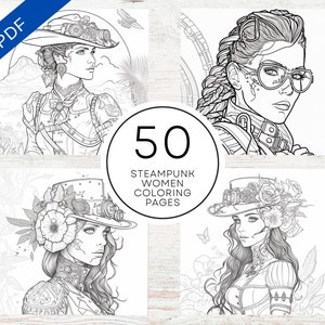 Puede incluir: Un conjunto de 50 páginas para colorear con mujeres steampunk. Las imágenes son dibujos en blanco y negro de mujeres con atuendos steampunk con detalles intrincados.
