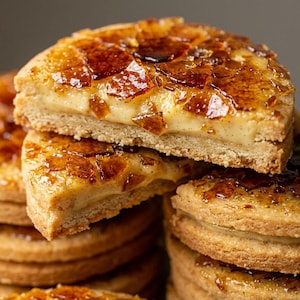 Puede incluir: Una pila de galletas redondas de mantequilla cubiertas con una capa gruesa de crema pastelera y una corteza de azúcar caramelizada de color ámbar. El relleno de crema es visible entre las capas, mostrando pequeñas motas de vainilla.
