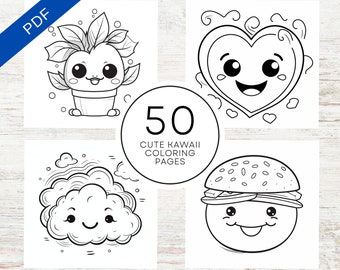 KDP Interior 50 schattige Kawaii kleurplaten voor kinderen | 8,5 x 11 inch afdrukbare PDF | Leuk en eenvoudig kleurboek voor kinderen