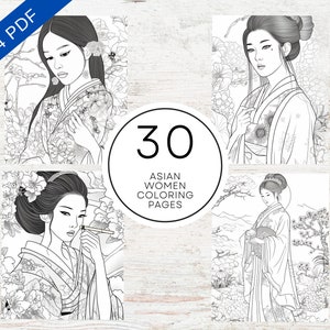 30 美しいアジア人女性の塗り絵 | 印刷可能な PDF A4 | ストレス解消とリラクゼーションのための大人とティーンの塗り絵