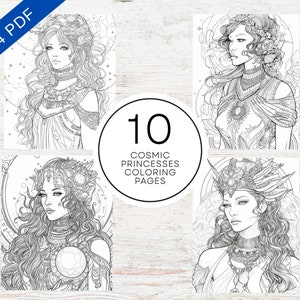 10 Cosmic Princesses Coloring Pages | Printable PDF 10 Pages A4 ...