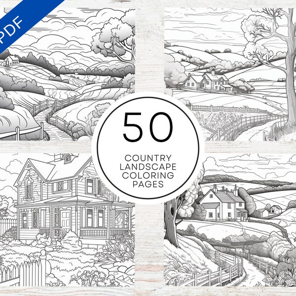 KDP Interior 50 Country Landscape Coloring Pages | 8.5" x 11" Printable PDF & Canva Template | Stress Relief Coloring Book For Adults
