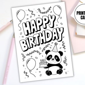 May include: A black and white printable birthday card featuring a panda wearing a party hat and holding a birthday cake. The card says "Happy Birthday" in bold letters.