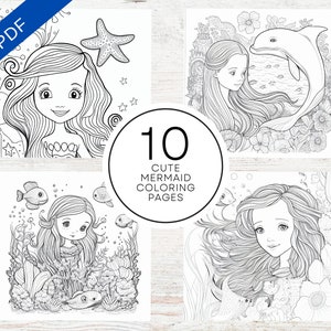 10 lindas páginas para colorear de sirena / Ilustraciones en escala de grises para aliviar el estrés / PDF imprimible 10 páginas A4 / Para adultos, adolescentes y niños