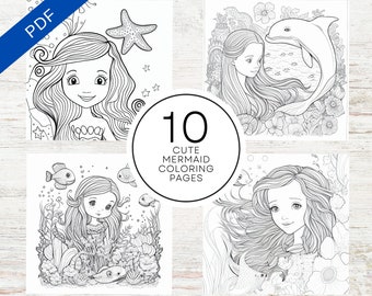 10 Cute Mermaid Coloring Pages | Grayscale Illustrations For Stress Relief | Printable PDF 10 Pages A4 | For Adults Teens And Kids