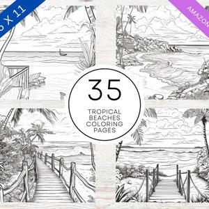 May include: A set of 35 tropical beach coloring pages. The pages feature palm trees, beaches, and ocean waves. The pages are 8.5 x 11 inches.