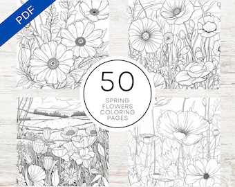 May include: A set of 50 printable coloring pages featuring spring flowers. The pages are black and white line drawings of various flowers, including poppies, daisies, and other wildflowers.  The pages are perfect for adults and children who enjoy coloring.