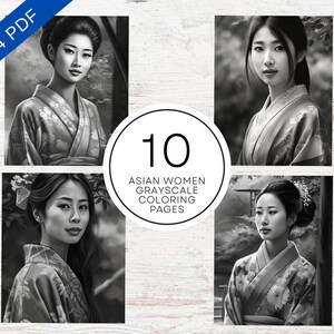 10 Grayscale Asian Traditional Women Coloring Pages For Adults | Digital Coloring Sheets | A4 Printable PDF | Stress Relief & Relaxation