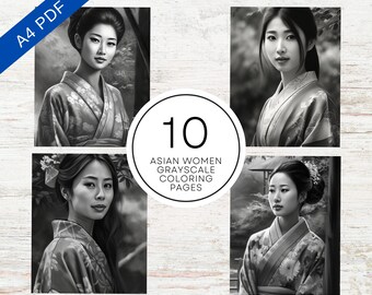 10 Graustufen Asiatische Traditionelle Frauen Malvorlagen Für Erwachsene | Digitale Ausmalbögen | A4 Druckbare PDF | Stressabbau & Entspannung