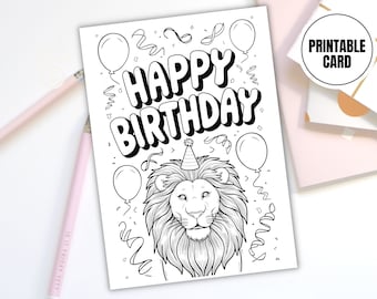 Carte à colorier imprimable lion joyeux anniversaire | Téléchargement numérique animal mignon | Activité de fête d'enfants | Carte à faire soi-même saison anniversaire zodiaque Lion